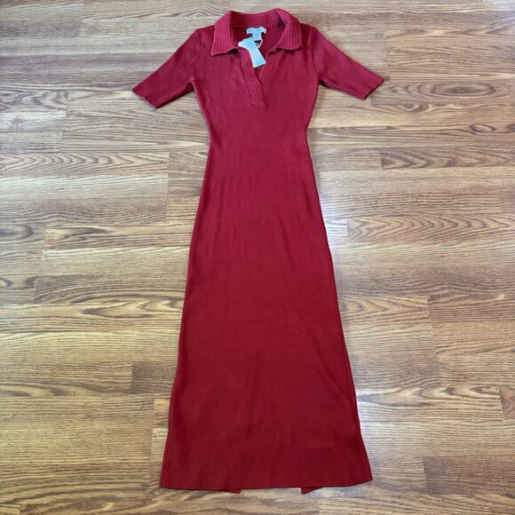 Caroline Constas Red Dress Knit Midi bodycon Crochet Collar size M - Picture 6 of 11